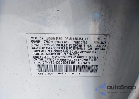 2013 Honda Pilot Ex-L from USA, damaged, VIN 5FNYF3H53DB025193